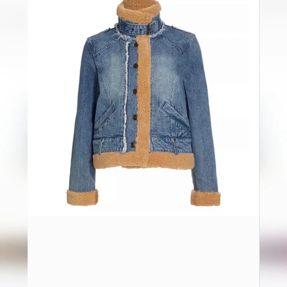 Free People Rylee Cozy Moto Sherpa Faux Fur Denim Jacket Womens - Picture 3 of 9
